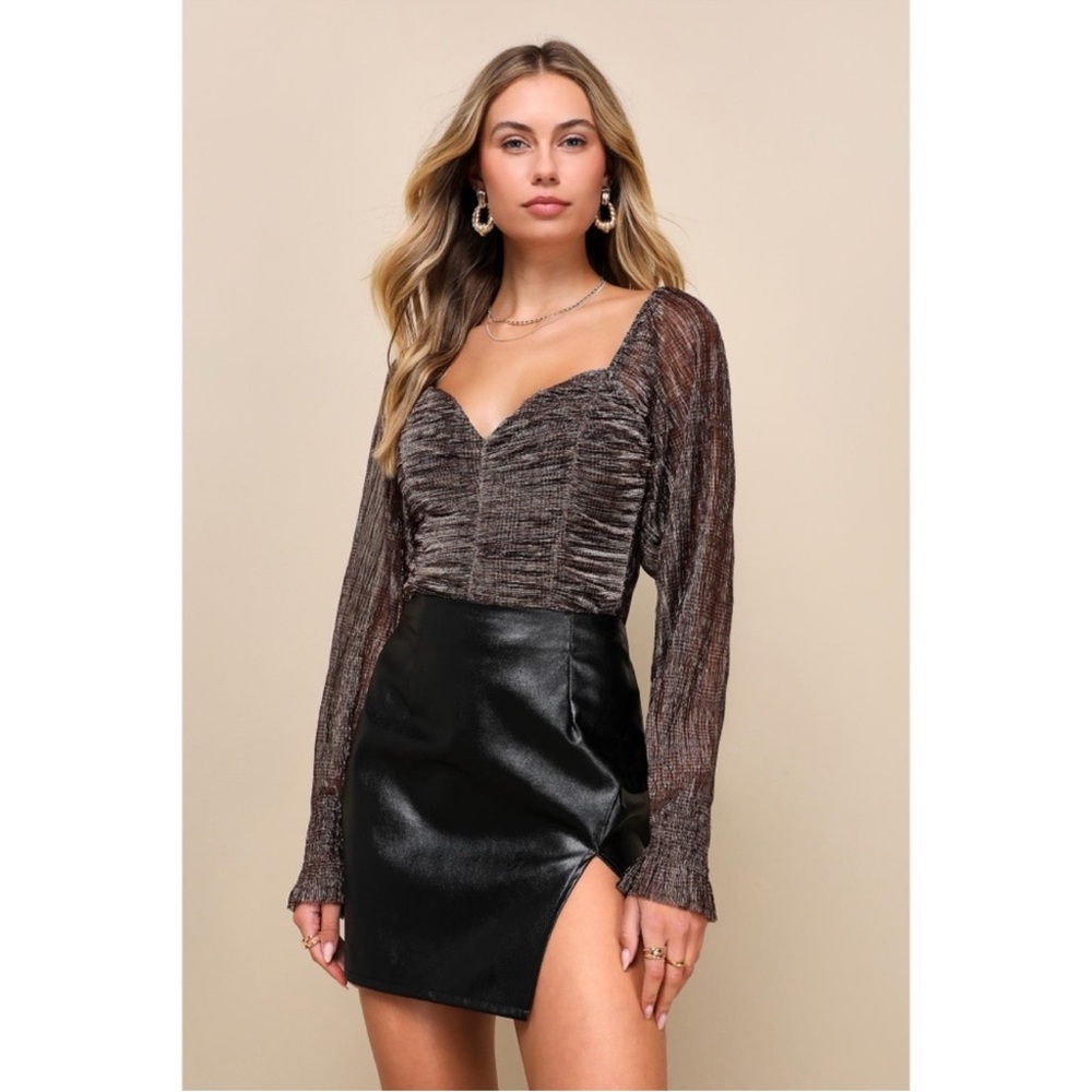 LULUS Iconic Approach Mesh Lurex Ruched Long Sleeve Top in Brown Plaid